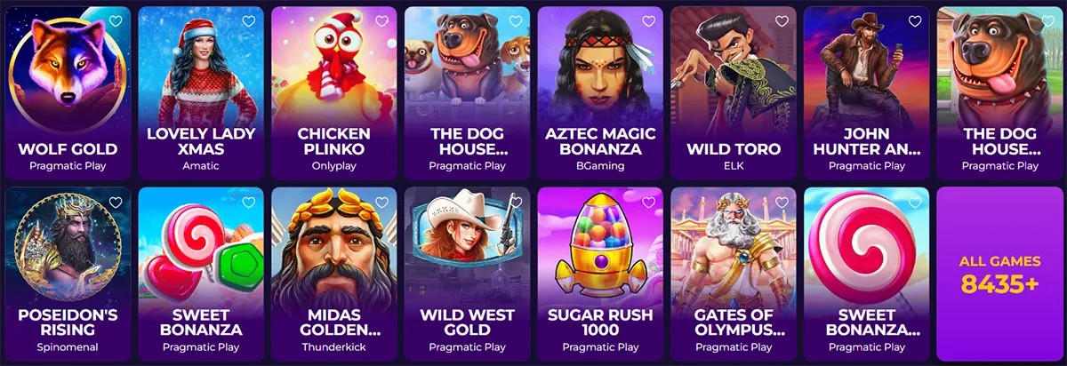Two-row grid of casino game tiles on a purple lobby UI, featuring Wolf Gold, Lovely Lady Xmas, Chicken Plinko, The Dog House, Aztec Magic Bonanza, Wild Toro, John Hunter, Poseidon’s Rising, Sweet Bonanza, Midas Golden Touch, Wild West Gold, Sugar Rush 1000, Gates of Olympus, and an ‘All games 8435+’ tile, each with cover art and a heart icon.