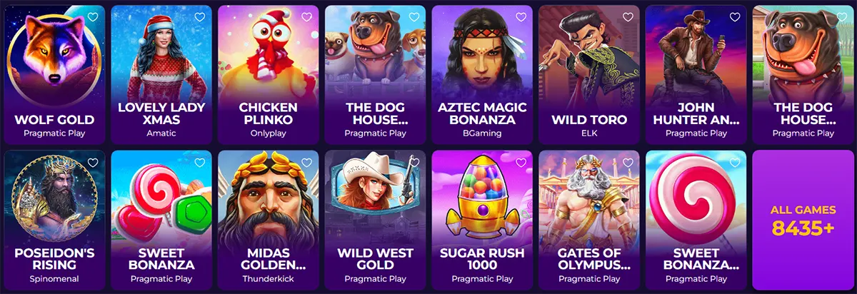Two-row grid of casino game tiles on a purple lobby UI, featuring Wolf Gold, Lovely Lady Xmas, Chicken Plinko, The Dog House, Aztec Magic Bonanza, Wild Toro, John Hunter, Poseidon’s Rising, Sweet Bonanza, Midas Golden Touch, Wild West Gold, Sugar Rush 1000, Gates of Olympus, and an ‘All games 8435+’ tile, each with cover art and a heart icon.
