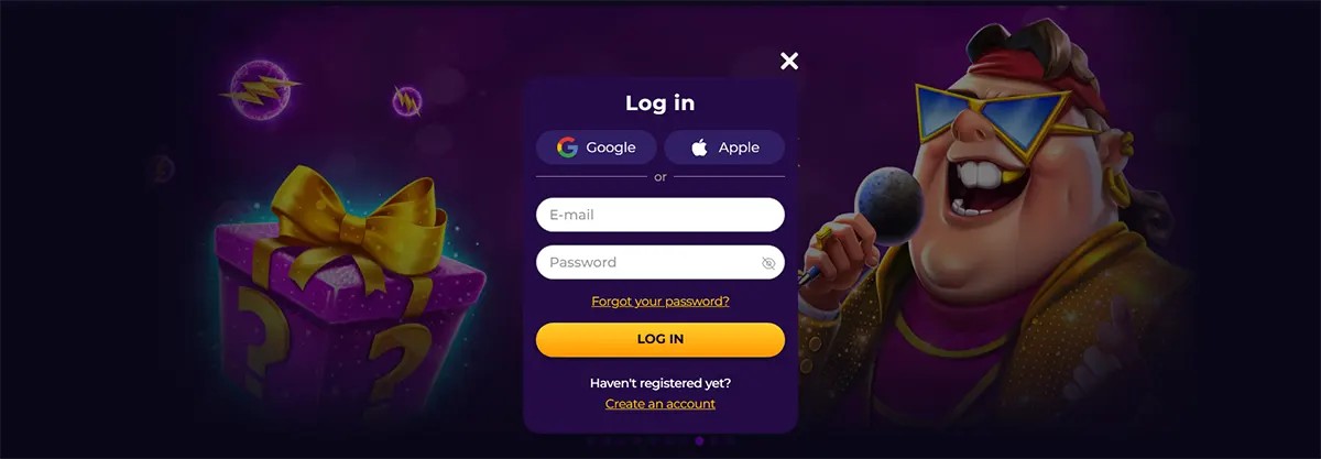 Purple casino login popup with Google and Apple buttons, email and password fields, and an orange ‘LOG IN’ button, set over a background with a glowing gift box on the left and a cartoon singer wearing star-shaped sunglasses holding a microphone on the right.