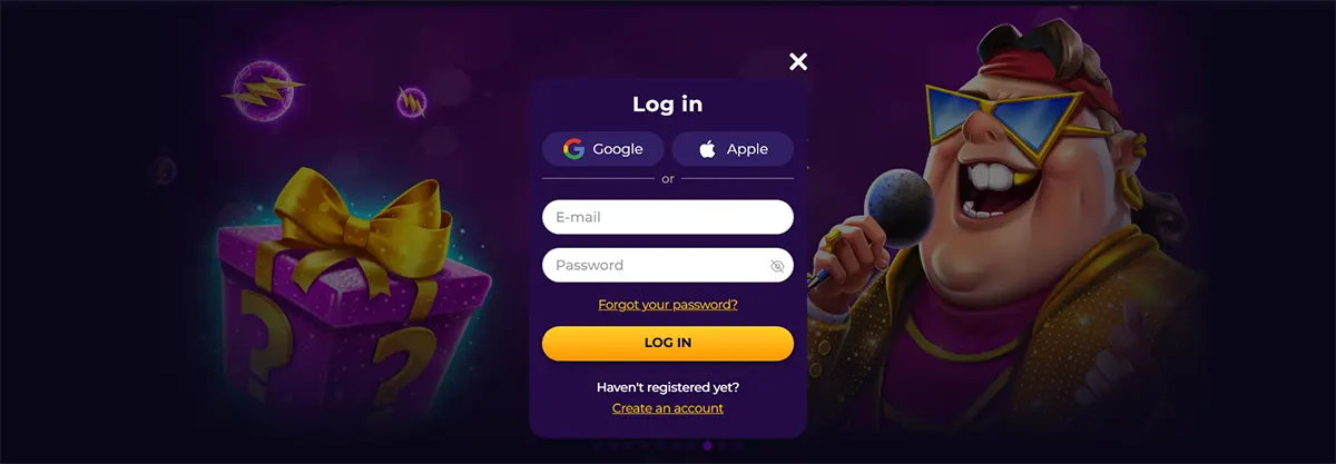 Purple casino login popup with Google and Apple buttons, email and password fields, and an orange ‘LOG IN’ button, set over a background with a glowing gift box on the left and a cartoon singer wearing star-shaped sunglasses holding a microphone on the right.